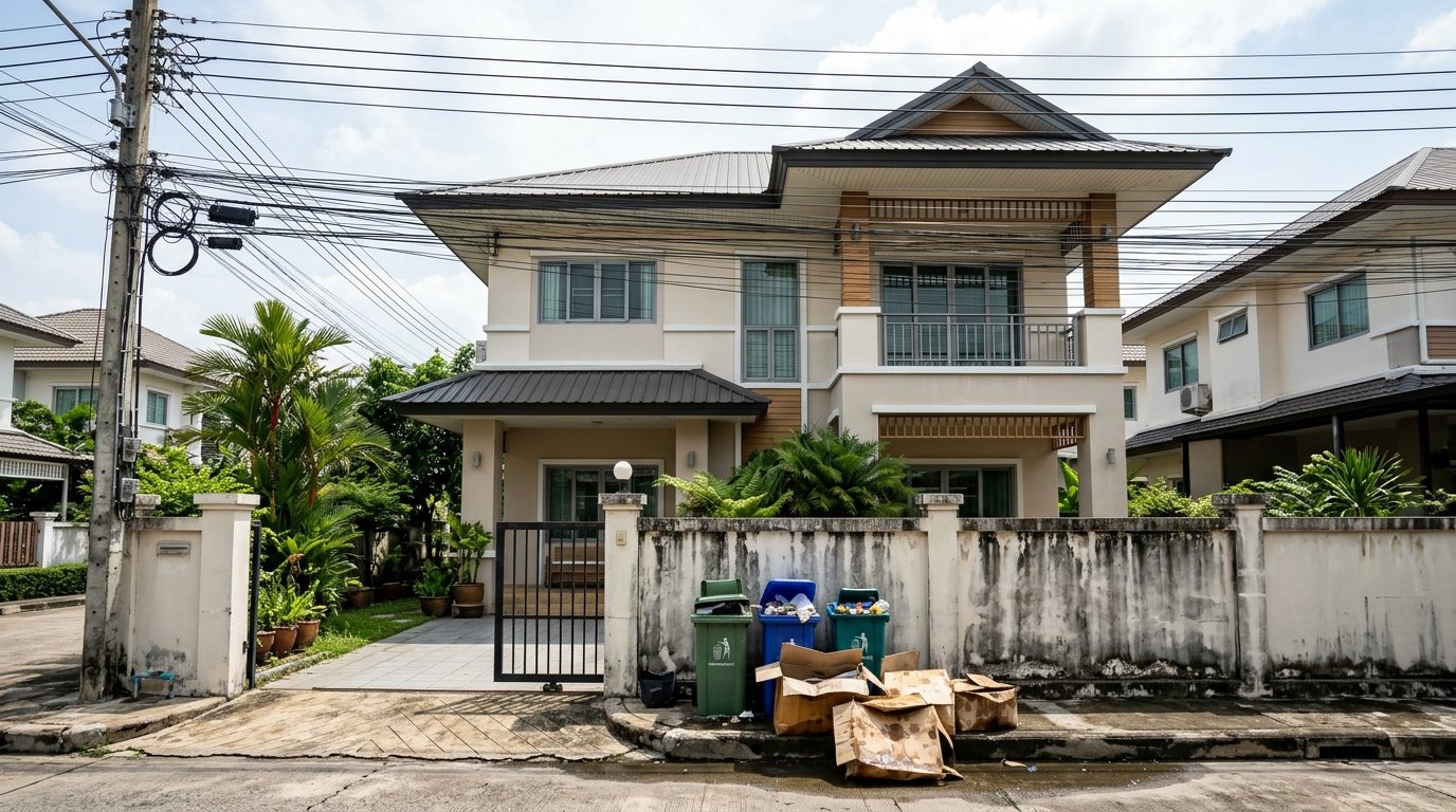 📷 BEFORE (มีสายไฟพาดหน้าบ้าน ถังขยะรก & คราบกำแพง)