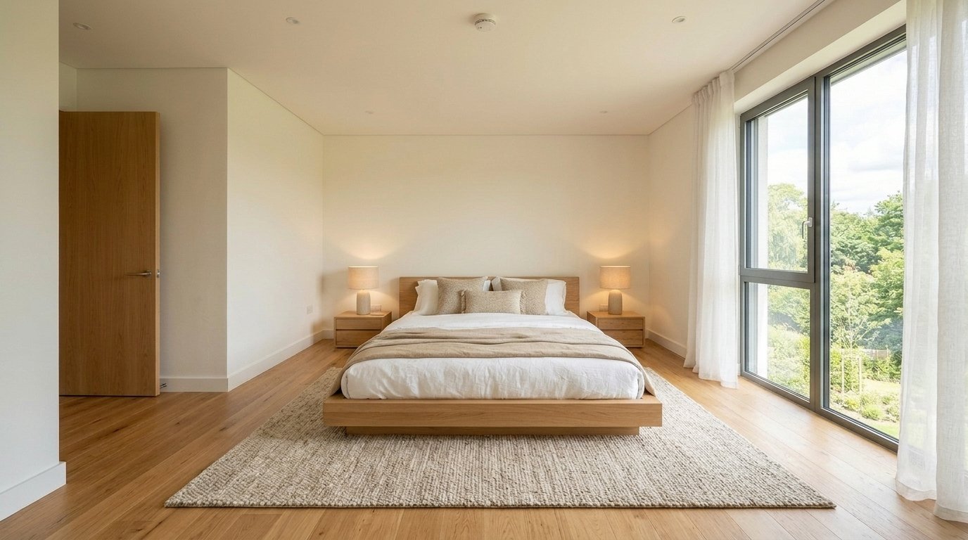 🛏️ AFTER (จัดเตียงสไตล์ Japandi คงพื้นไม้เดิม 100%)