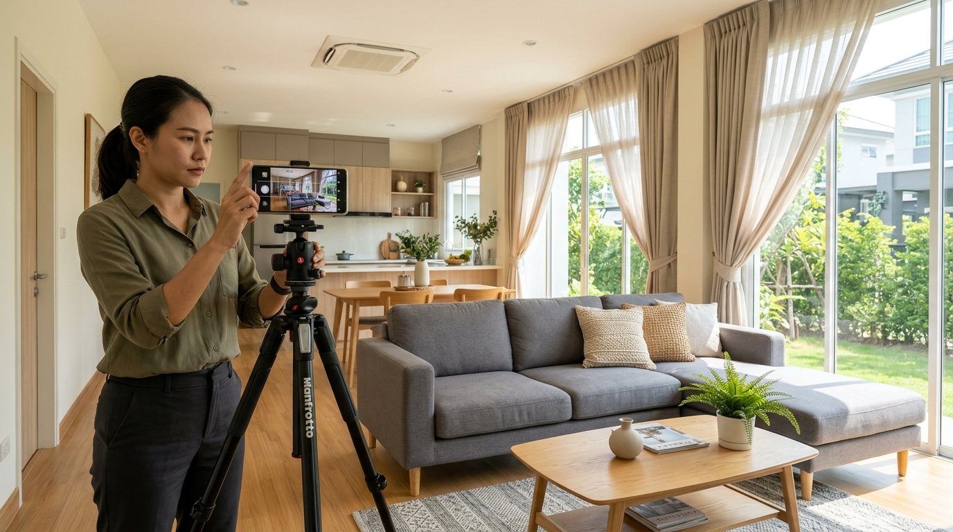 ถ่ายรูปย้อนแสง แก้ยังไง วิธีถ่ายรูปห้องให้ดูกว้าง - ภาพประกอบที่ 1: การตั้งกล้องมือถือบนขาตั้งระดับความสูงหน้าอก 110–120 ซม. เปิดเส้นตาราง Grid 9 ช่อง และเปิดผ้าม่านทแยง 45 องศาเพื่อรับแสงธรรมชาติให้ห้องดูโปร่งกว้างตามหลักสถาปัตยกรรม