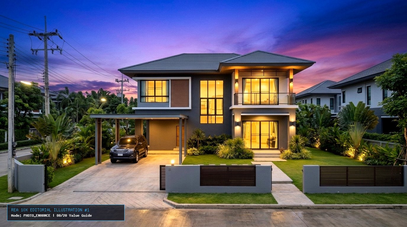 เทคนิคถ่ายรูปบ้านขาย วิธีประกาศขายบ้านให้ได้เร็ว - ภาพประกอบที่ 1: การตั้งกล้องมือถือบนขาตั้งระดับความสูงหน้าอก 110–120 ซม. เปิดเส้นตาราง Grid 9 ช่อง และเปิดผ้าม่านทแยง 45 องศาเพื่อรับแสงธรรมชาติให้ห้องดูโปร่งกว้างตามหลักสถาปัตยกรรม